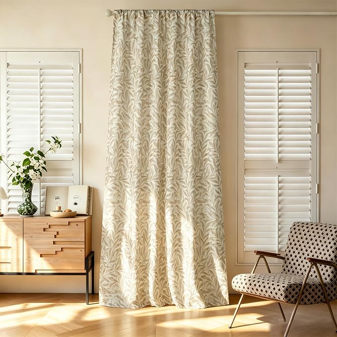 RoomTalks Boho Farmhouse Window Curtains 84 Inches Length 2 Panels Faux Linen Light Filtering, Cottagecore Rustic Country Vintage Cute Botanical Floral Curtain Panels for Bedroom Dining Living Room