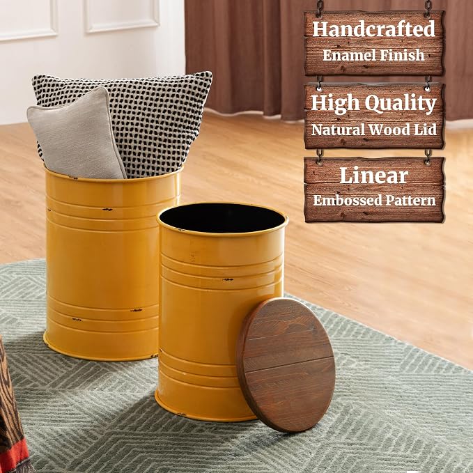 Glitzhome Rustic End Table Set of 2, Farmhouse Galvanized Metal Barrel Ottoman Storage Stool with Round Wood Lid for Living Room Furniture, Yellow