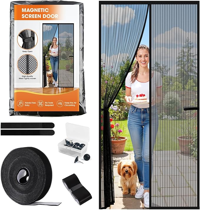 Magnetic Screen Door, Screen Door Mesh, Heavy-Duty Mesh Curtain, Door Net Keep Bugs Out, Hands Free Partition, Screen Size 34” × 82”, Fits 32” × 80” Doors, Pet & Kid Friendly, Black