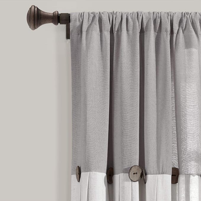 Lush Decor Linen Button Window Curtain Panel, Single, 40" W x 63" L, Gray & Off-white - Country Curtains - Color Block Modern Farmhouse Curtains For Living Room, Bedroom & Dining Room