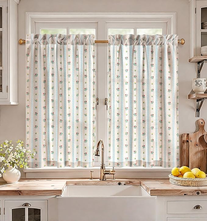 Miss Adola Farmhouse Kitchen Tier Curtains - 40 Inch Length Linen Blend Boho Cafe Curtains Blue Floral Small Window Treatments Over Sink Rod Pocket for Bathroom Living Room Light Filtering, 3 Panels