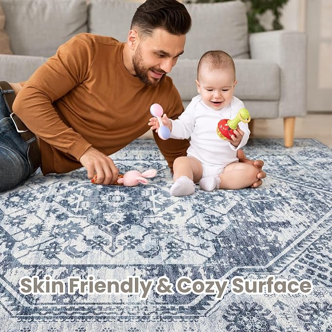Vintage Living Room Area Rug 5x7 - Large Soft Washable Oriental Traditional Distressed Farmhouse Rugs for Bedroom - Indoor Floor Accent Carpet for Home Office House Decor - Distressed Blue