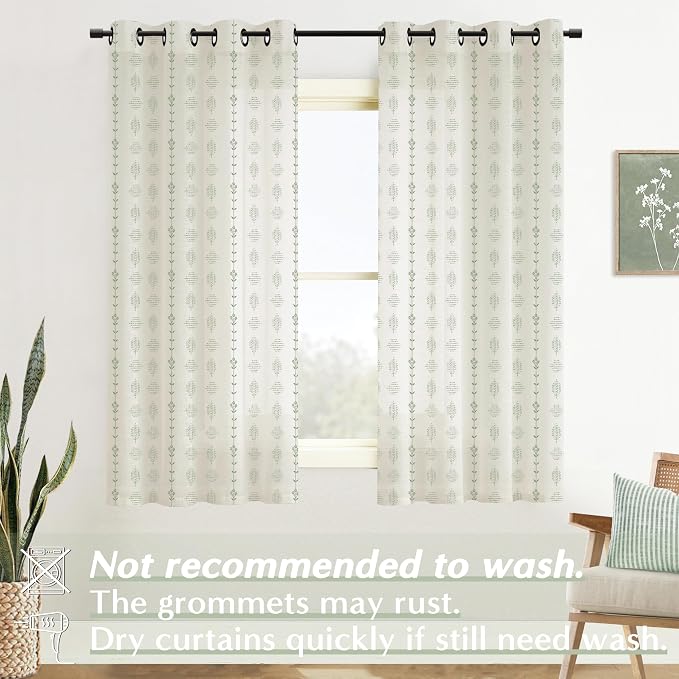 Sage Green Floral Patterned Curtains 63 Inch Length, Cottage Core Boho Farmhouse Linen Semi Sheer Drapes for Living Room Bedroom Dining Room 63 in Long 2 Panels Set
