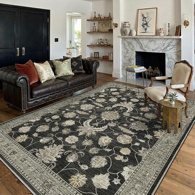 4x6 Area Rug for Living Room-Vintage Farmhouse Boho Floral Washable Stain Resistant Indoor Carpet for Bedroom Office and Home Decor(Black&Gold)
