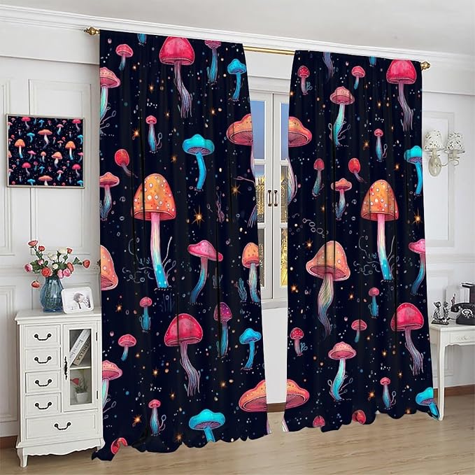 Fantasy Mushroom Curtains,Colorful Plant Print Window Treatments for Bedroom Living Room Kitchen Cartoon Herbs Floral Polyester Fabric Window Drapes 2 Panels Set,Total Size 63 x 63 Inch