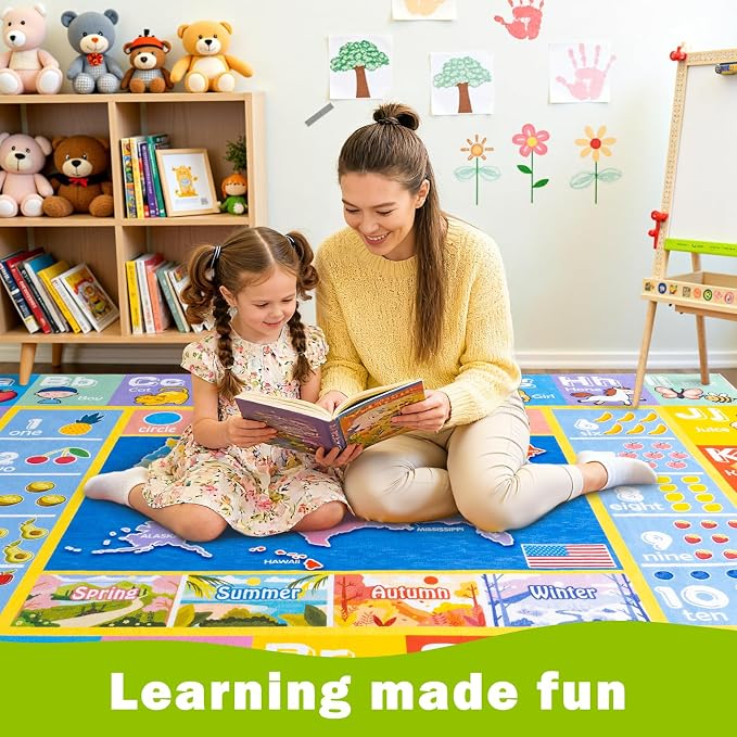 Kids Rugs for Playroom - Soft & Non-Slip 7x9 Feet Educational Rug for Learning ABC Alphabet, Numbers, Shapes & Map, Washable Classroom Rug for Bedroom Nursery & Kids Room Decor