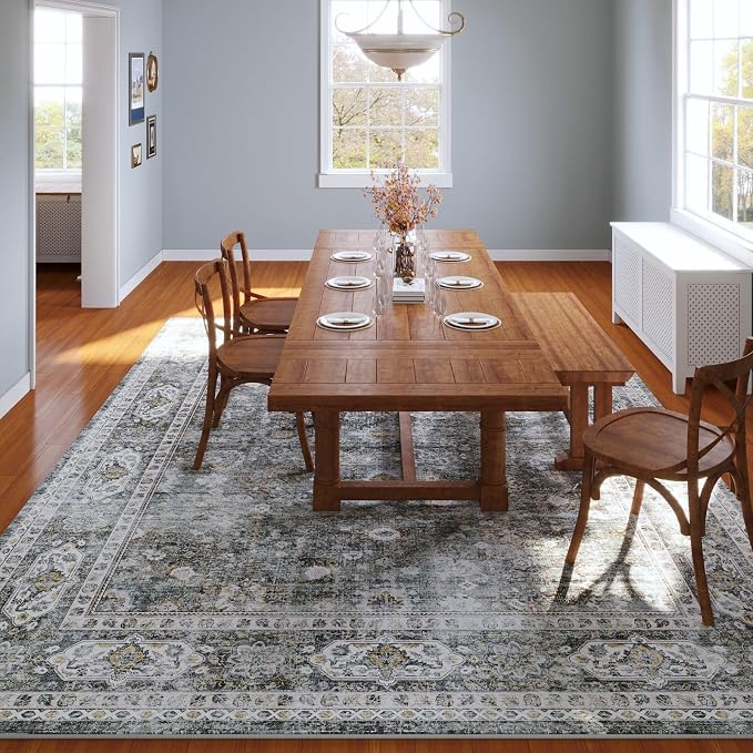 Rugcomf Area Rug 5x7 Washable Rug Boho Soft Non-Slip Non-Shedding Faux Wool Vintage for Living Room, Bedroom Rug, Farmhouse, Dining Room, Indoor, Kids Playroom (Grey)