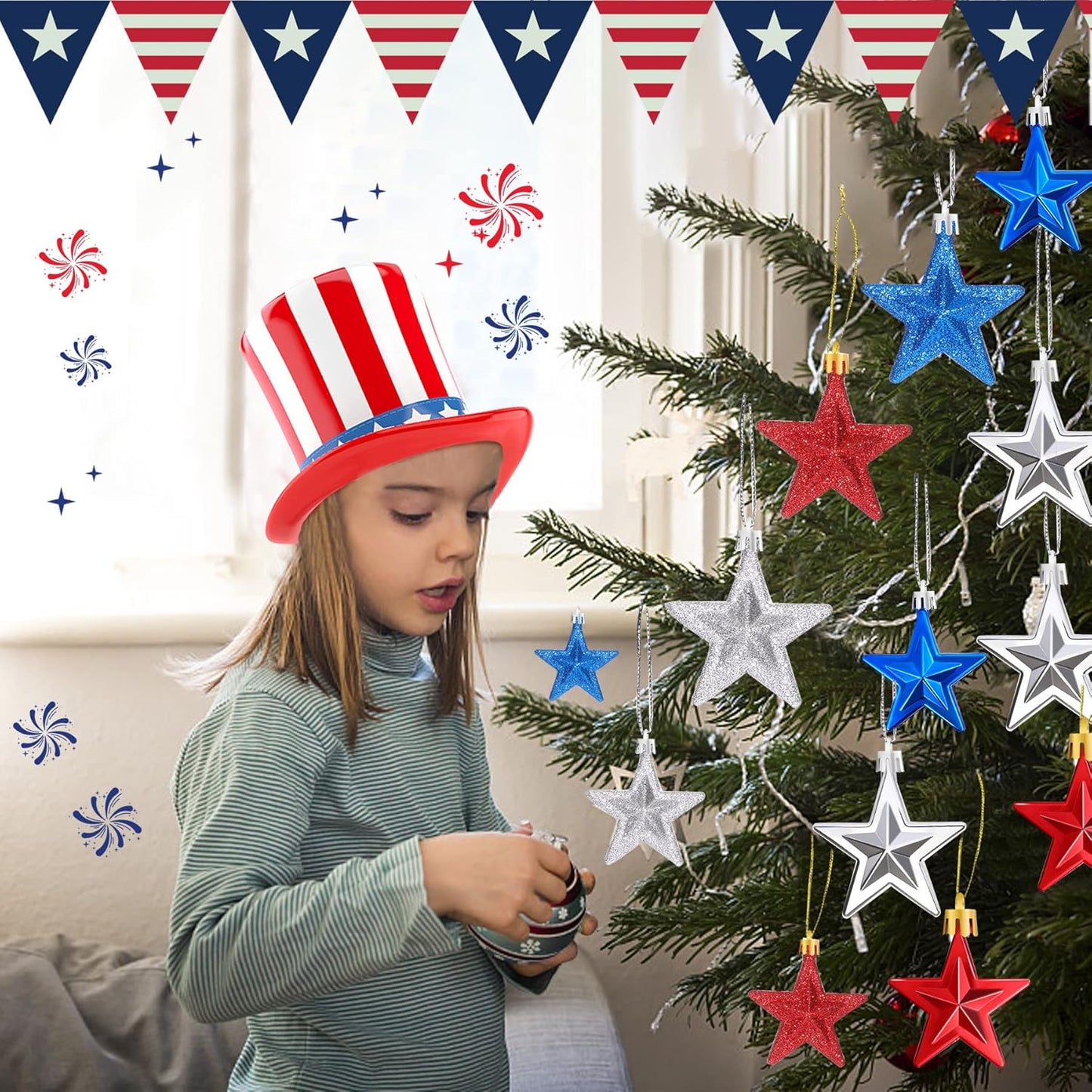 JULMELON 24Pcs Patriotic Christmas Ornaments Red White Blue Ornaments Patriotic Tree Decorations Christmas Tree Decorations for Home Party Decorations