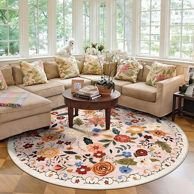 6ft Round Machine Washable Area Rug for Living Room, Beige Pink Vintage Boho Floral Rug Non-Slip Low Pile Soft Faux Wool Carpet Kids and Pets Friendly for Bedroom Nursery Farmhouse Home Decor Rug