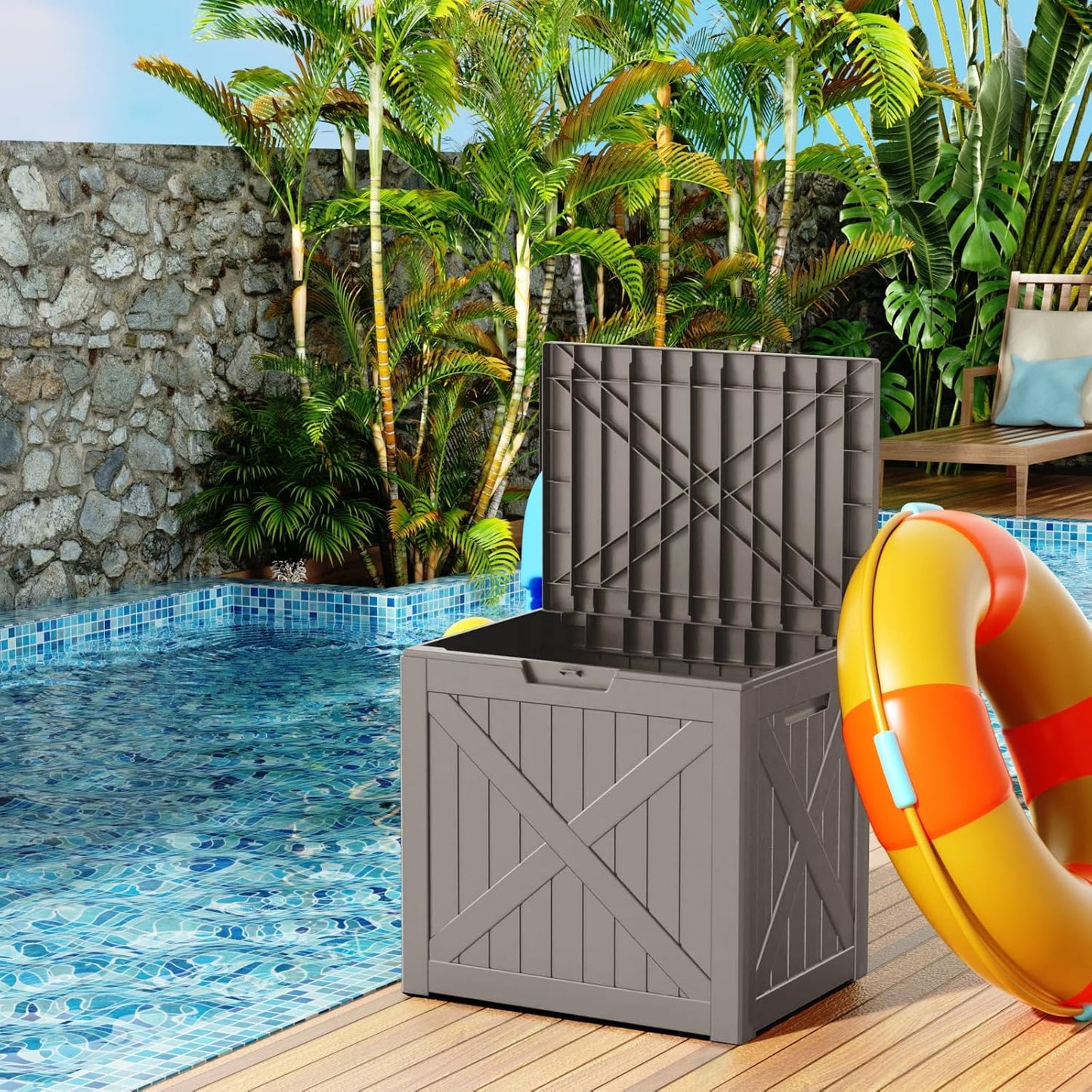 38 Gallon Outdoor Deck Box,Storage Lockable Waterproof Patio Furniture,Garden Tools,Cushions,Pool Accessories Outside Storage Resin Box(GreyX)