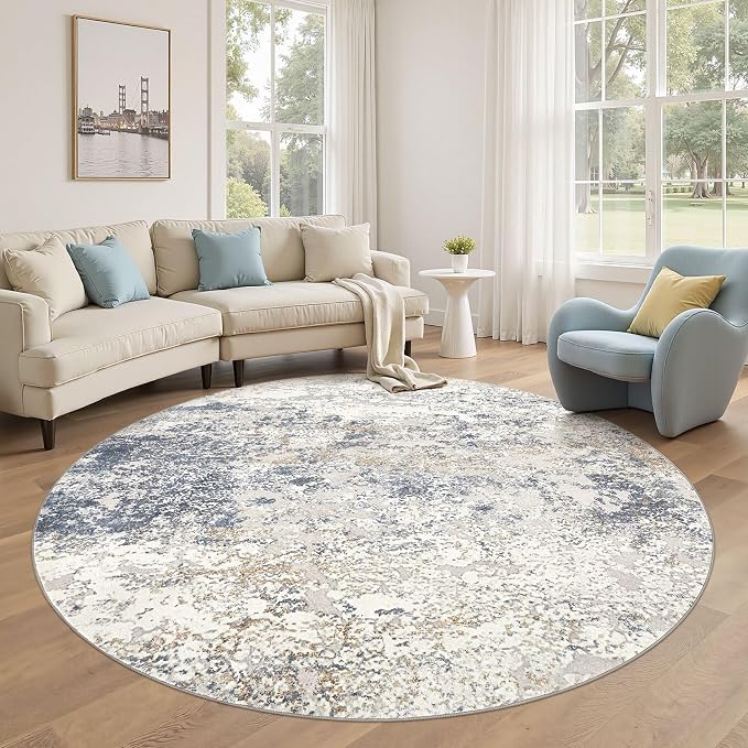 DMOYEST 6ft Round Area Rug Living Room Rugs - 6x6 Washable Large Soft Indoor Modern Abstract Low Pile Rug Carpet for Bedroom Dining Room Farmhouse Home Office - Beige Blue
