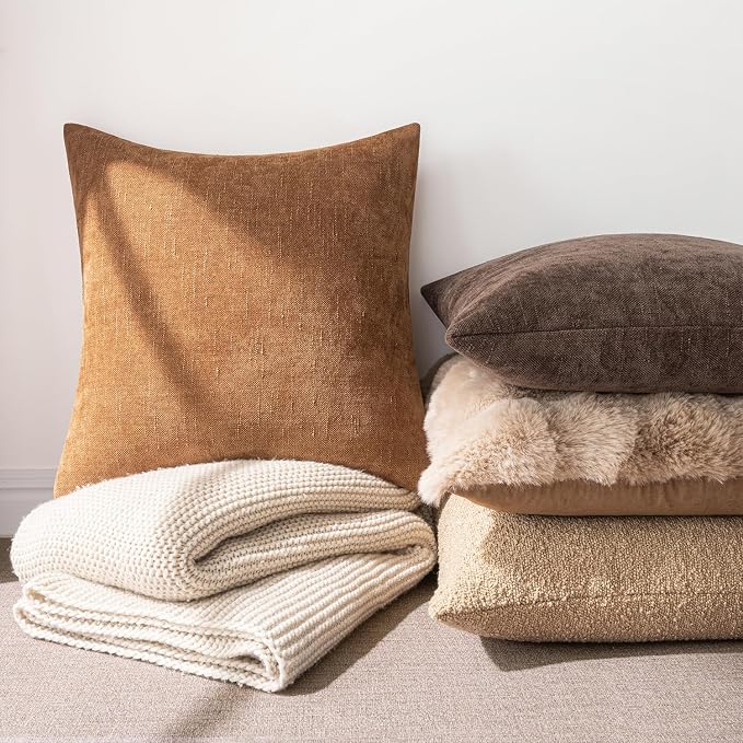 MIULEE Pack of 2 Decorative Throw Pillow Covers Soft Chenille Throw Pillows Solid Textured Lumbar Cushion Covers for Couch Sofa Bedroom Living Room 12x20 Inch, Brown