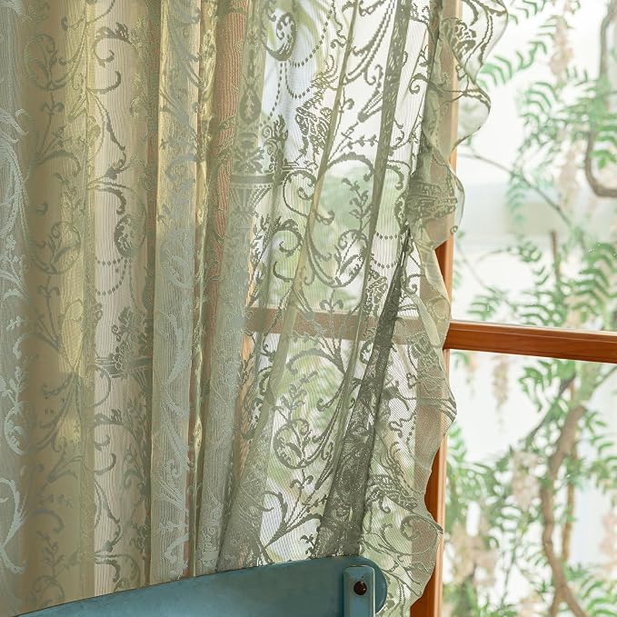 TUDECO Sage Green Sheer Curtains 2 Panels - Spring Boho Sage Green Floral Curtains 84 Inches Long for Living Room, Vintage Flowy Ruffle Privacy Lace Sheer Window Treatment, 59 x 84 Inch