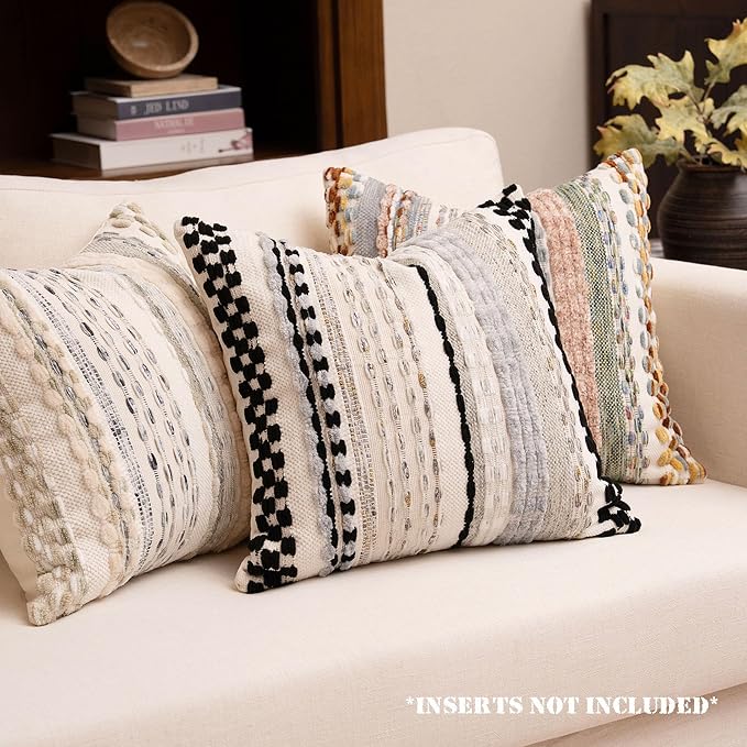 Boho Chenille Tufted Throw Pillow Covers 18x18 Inch Set of 2 Farmhouse Black Woven Striped Decorative Pillowcases for Couch Sofa Bed