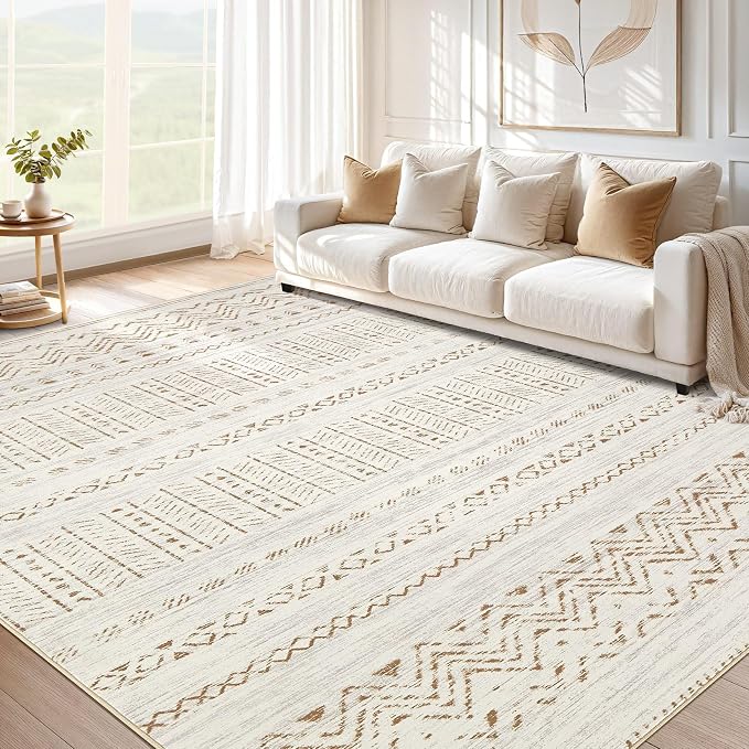cotiled 12x15 Area Rugs Living Room Rug: Washable Boho Rugs with Non Slip Backing Large Soft Indoor Stain Resistant Carpet for Bedroom Farmhouse Dining Room Lightweight Home Decor Brown/Cream