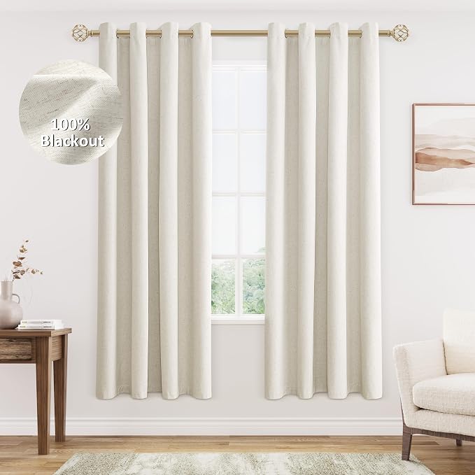 Jowels Cream Linen Blackout Curtains 70 Length 2 Panels Set for Living Room Bedroom, 100% Black Out Thermal Insulated Linen Drapes, Room Darkening Grommet Curtains 70 Inches Long Natural Beige