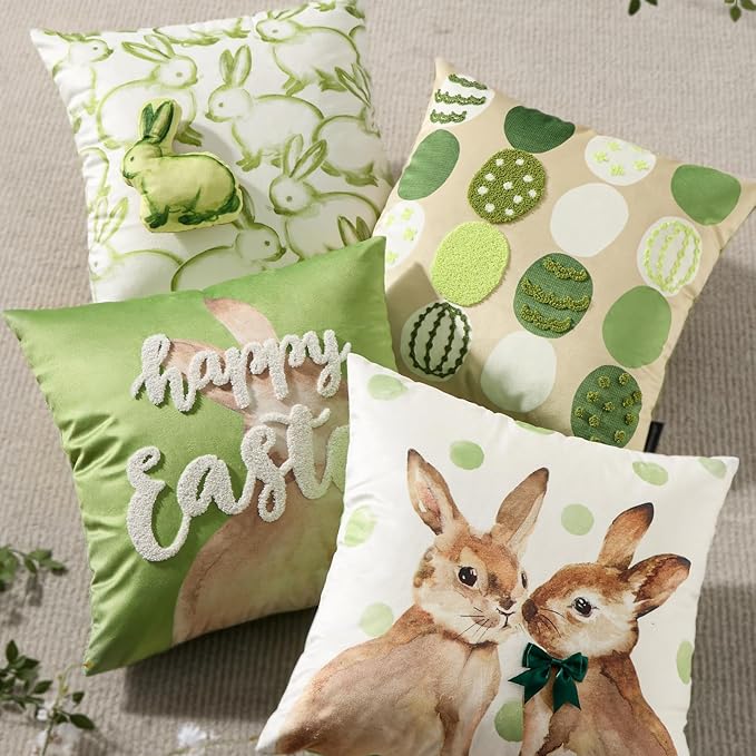 Phantoscope Pack of 4 Happy Easter Throw Pillow Covers, Velvet 3D Bunny Pillowcases Embroidered Egg Letter and Rabbits Pillows Spring Farmhouse Decorative Cushion Covers, Green, 18x18 inches