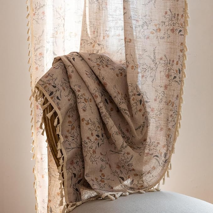 OYX Boho Floral Curtains 96 Inch, Farmhouse Wildflower Drapes with Tassels, Linen Textured Light Filtering Semi Sheer Curtains for Living Room Bedroom, 2 Panels, Rod Pocket, 52Wx96L