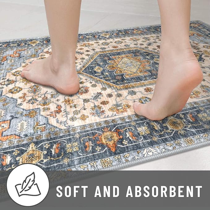 KUTA Runners for Hallways 2x6 Ivory Blue, Vintage Floral Kitchen Rugs Non-Slip Washable Runner Ultra Soft Printed Retro Flower Carpet Entryway Rug for Bedroom Laundry Nursery Entryways
