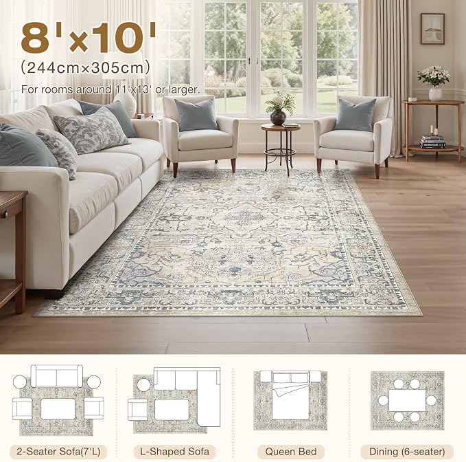 cotiled 8x10 Area Rug Machine Washable Vintage Carpet for Living Room Bedroom Soft Non-Slip Backing Floor Mat Kid & Pet Friendly Stain Resistant Green