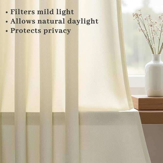90 Inches Long Pinch Pleated Semi Sheer Curtains,Cream Linen Blended Light Filtering Window Curtains 90 Length 2 Panels for Living Room Bedroom Pinch Pleat Drapes with Hooks 2 Panels