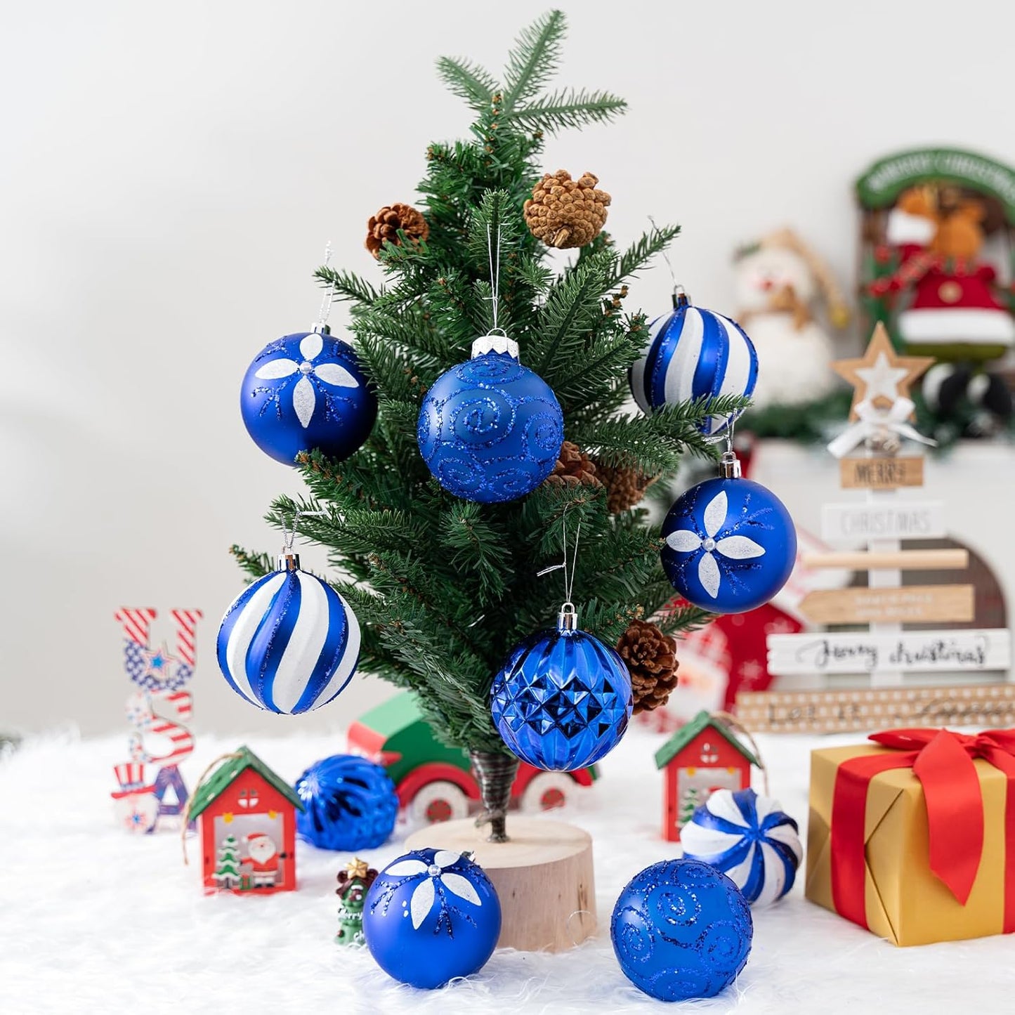 16Pcs Christmas Ball Ornaments Set, 3.15" Shatterproof Christmas Ornaments, Luxury Glitter Hanging Ornaments for Xmas Tree, Xmas Holiday, Party, Wedding (Blue)