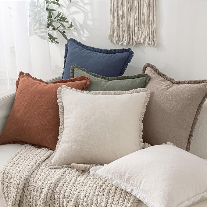 MIULEE Decorative Throw Pillow Covers Neutral Linen Fringe Throw Pillows Set of 2 Dune Boho Farmhouse Cushion Covers with Tassels for Couch Sofa Bed Living Room Fall Decor 20x20 Inch
