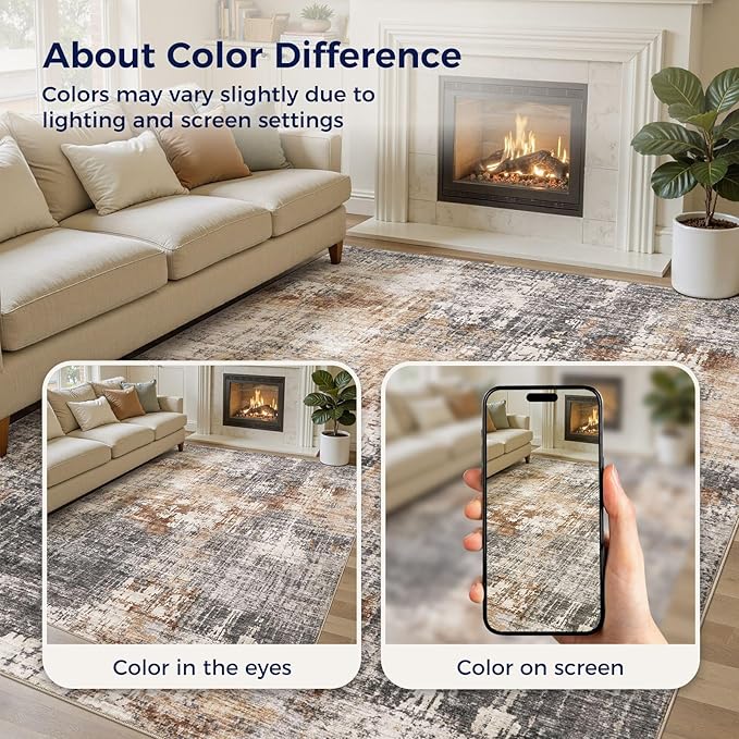 DMOYEST Area Rug Living Room Rugs - 9x12 Washable Large Soft Indoor Neutral Modern Abstract Low Pile Rug Carpet for Bedroom Dining Room Farmhouse Home Office - Grey Brown