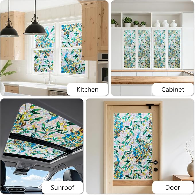Kromapolis Window Privacy Film, Stained Glass Sticker Floral Window Clings, Decorative Static Clings UV Blocking Colorful Decals, Removable Vinyl Covering Rainbow Peacock, 17.5'' x 157.4''