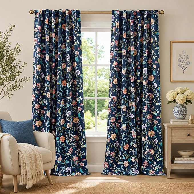 jinchan Hattie Dark Blue Floral Blackout Curtains 96 Inch Length – Room Darkening Drapes for Bedroom, Home Office & Study, Elegant Vintage Floral, Cozy Light Blocking, Set of 2 Panels Back Tab