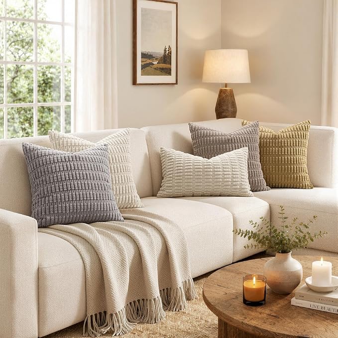 MIULEE Pack of 2 Corduroy Decorative Euro Sham Throw Pillow Covers 26x26 Inch Soft Boho Striped Pillow Covers Modern Farmhouse Home Decor for Sofa Living Room Couch Bed Cream White