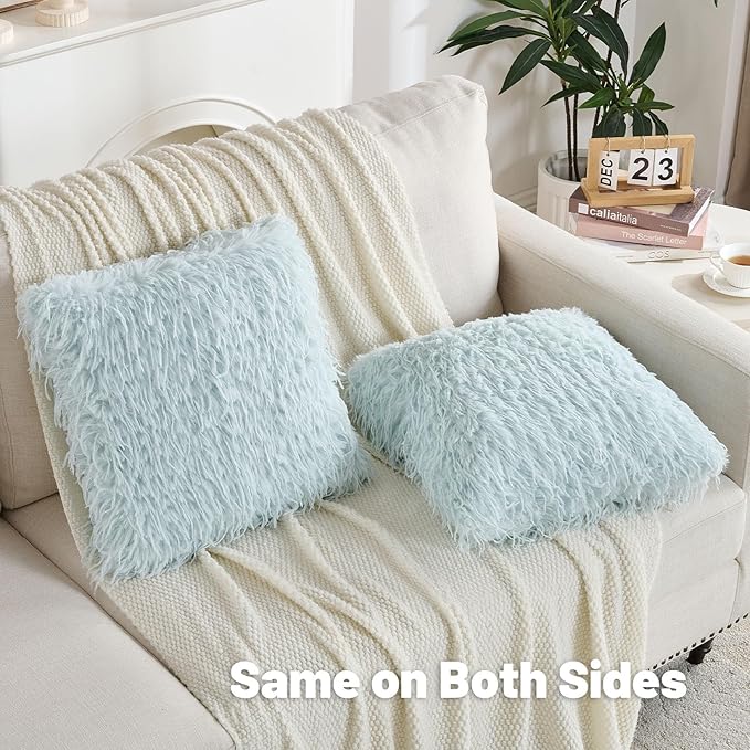 FUTEI Pack of 2 Faux Feather Plush Throw Pillow Covers 18x18 Inch Soft Fluffy Solid Farmhouse Decorative Cushion Cases Modern Luxury Accent for Couch Bed Living Room, Light Blue