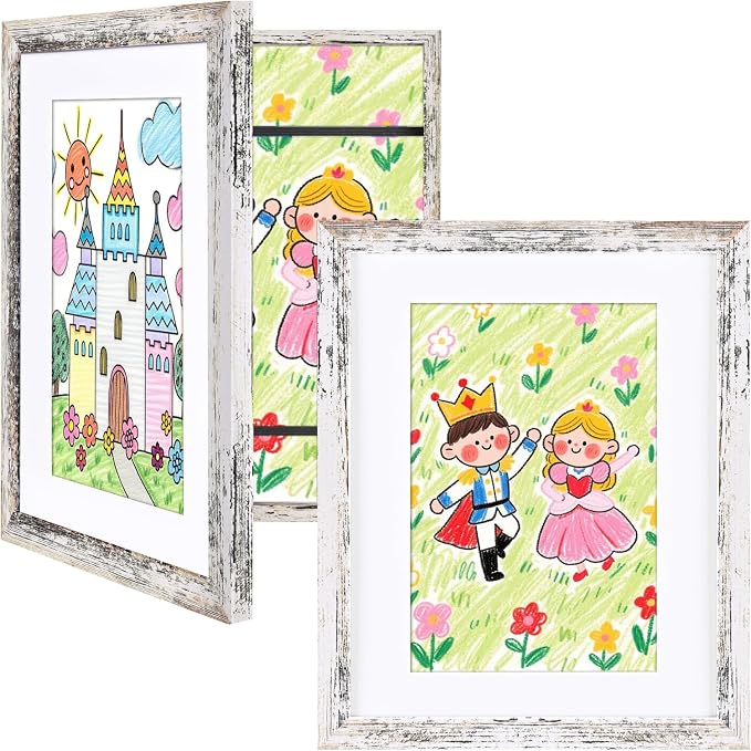 KINLINK 8.5x11 Kids Art Frame 2 Pack, Solid Wood Artwork Frames Changeable, Front Opening Hold 150 Pictures, Art Frames for Kids Artwork, 6x9 with Mat 8.5x11 without Mat, Picture Frames Rustic White