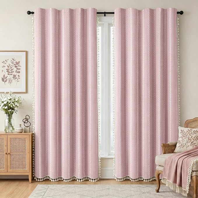 Pink Boho Blackout Curtains 2 Panels 84 Inch for Living Room Bedroom, Linen Texture Farmhouse Curtains with Tassels and White Cotton Embroidery Vintage Rustic Country Western