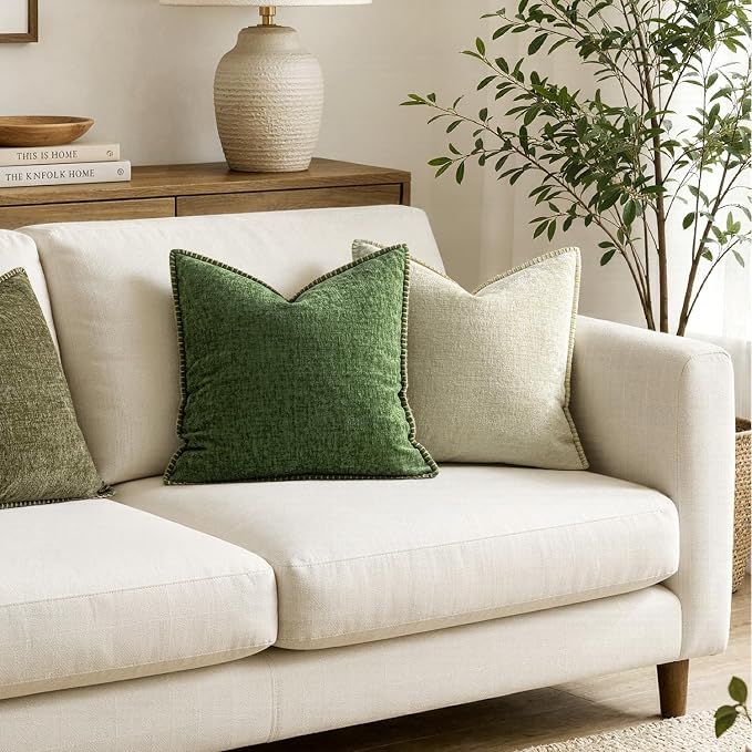 MIULEE Pack of 2 Couch Pillow Covers 20x20 Inch Moss Green Farmhouse Decorative Throw Pillow Covers with Stitched Edge Soft Chenille Solid Dyed Pillow Covers for Sofa Bed Living Room, Forest Green