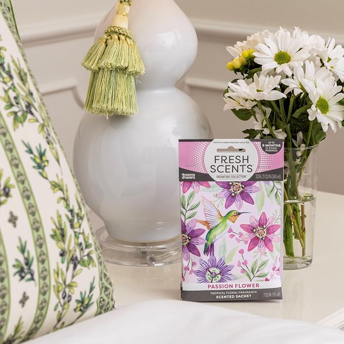 Fresh Scents Scented Sachets | Passion Flower | Tropical Floral Home Fragrance | Long Lasting (Up to 6 Months) | Air Freshener for Closets, Drawers, & Cars | 6 Pack