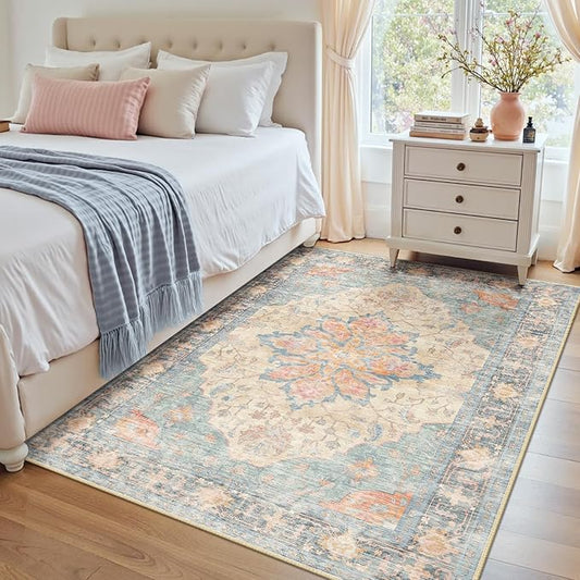 RELEANY Area Rugs 4'x5' Washable Non-Slip, Floral Vintage Distress Medallion Carpet for Living Room Bedroom Dining Room, Blue Orange Red