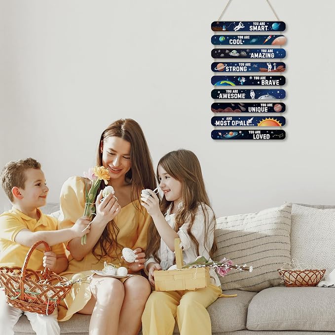 MONALET Space Astronomy Astronaut Inspirational Wall Decor for Boys Kids Room Classroom Playroom Nursery Office, You Are Loved Hanging Wooden Signs, Spaceman Wall Art Wood Plaque 9Pcs 12x19