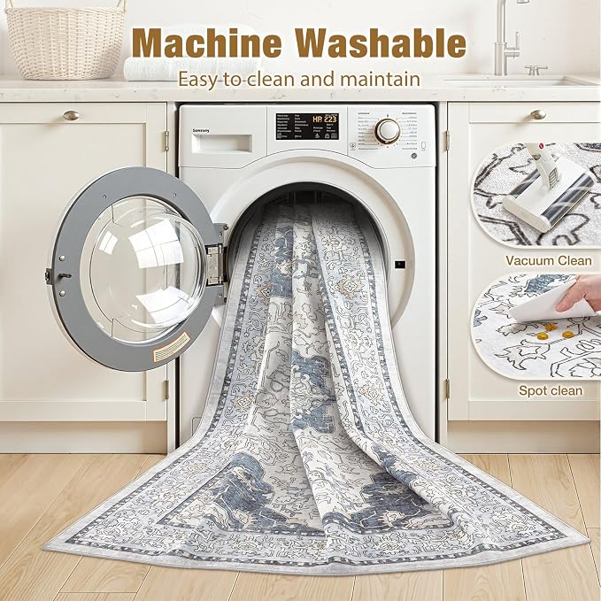 cotiled 5x8 Area Rug Machine Washable Vintage Carpet for Living Room Bedroom Soft Non-Slip Backing Floor Mat Kid & Pet Friendly Stain Resistant Light Blue