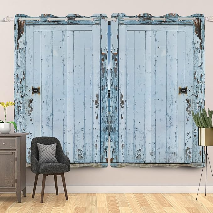 Wooden Barn Door Window Curtains Vintage Blackout Kitchen Curtains Rustic Country Farmhouse Garage Decor Light Blue Wood Planks Print Window Drapes for Living Room Bedroom,53x72 inch,2 Panels