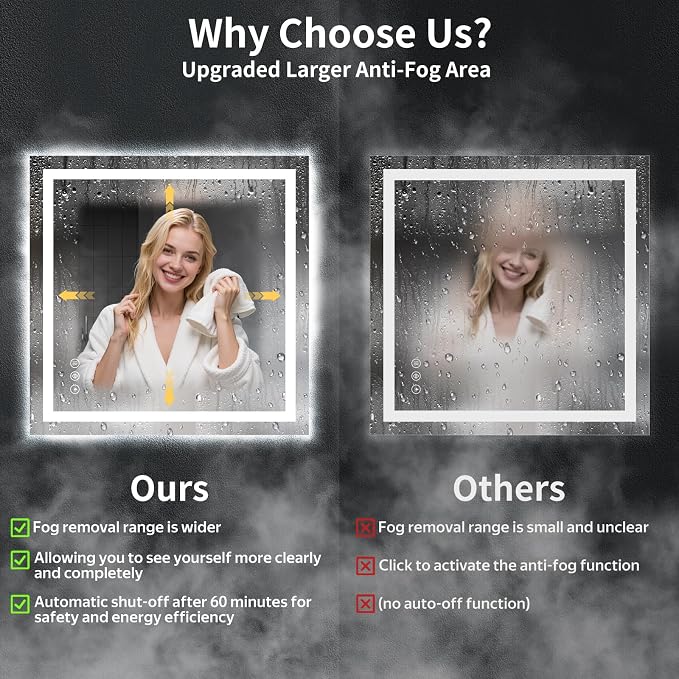 36"x36" LED Bathroom Mirror with Lights, Backlit + Front Lit with CRI>90, Lighted Mirror for Bathroom, Anti-Fog, Dimmable Brightness, 3 Colors, Memory Function, Shatterproof Tempered Glass