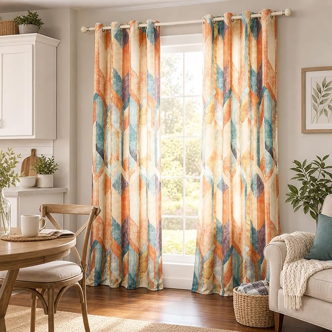 Leeva Modern Curtains for Living Room, Faux Linen Curtain Panels Set for Bedroom, Geometric Printing Curtains, Room Darkening Grommet Window Treatments for Home Decor, W 59" x L 79"