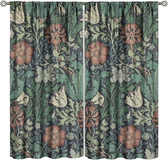 William Morris Flower Blackout Window Curtains, Bohemia Floral Vintage Window Drapes, for Living Room Bedroom 31.5(W)*63(L) 2 Panels