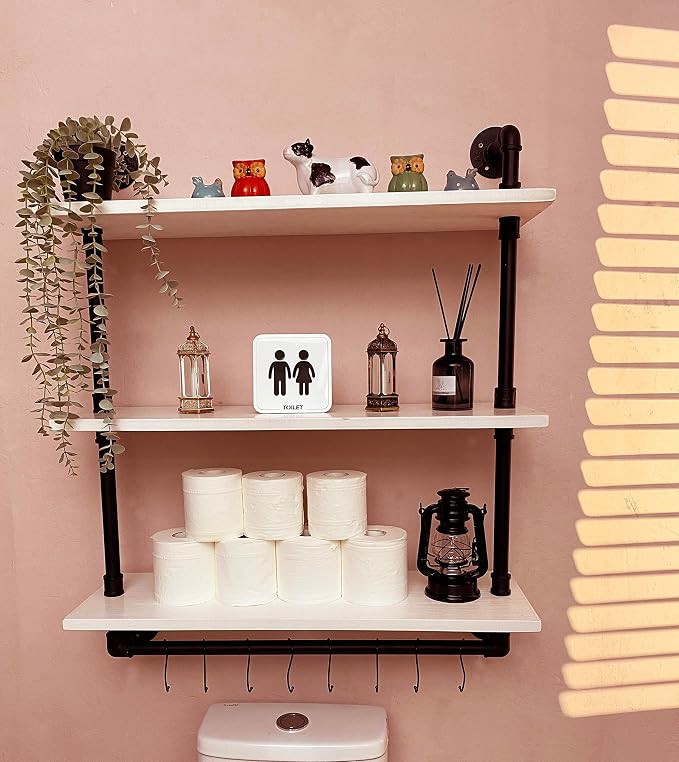 30 inch Retro White Rustic Bathroom Shelves Farmhouse Pipe Wall Shelves | Industrial Pipe Shelving Floating Shelves with Towel Rack for Kitchen Storage,Living Room,Bedroom