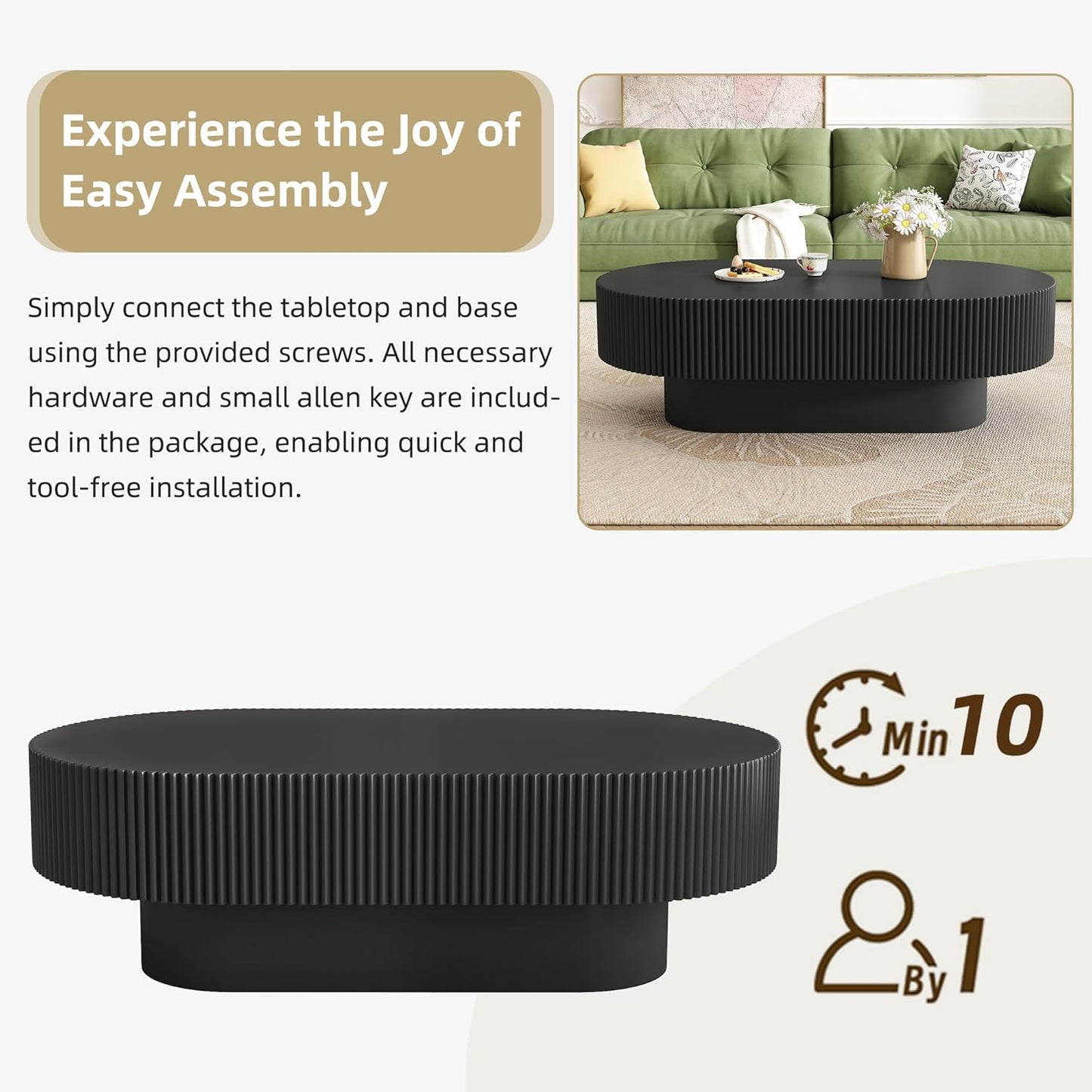 43.3" Oval Fluted Coffee Table Modern Elegant Drum End Table, Minimalist Center Table 7.8" Thick Tabletop with Sturdy Base for Living Room, Bedroom, Apartment,Easy Assembly, Black