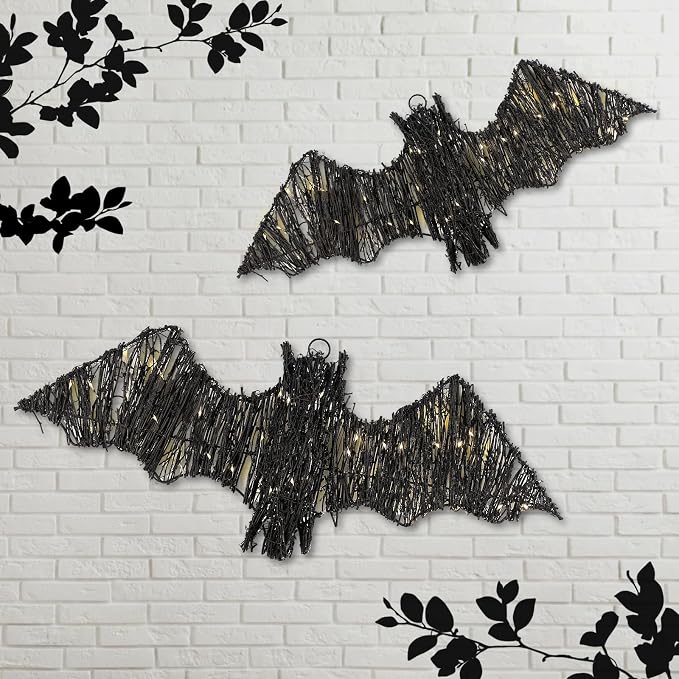 Glooglitter 2 Pack Rattan Bats with Hanging Loops Halloween Lights 3D Lit Woven Bats with Timer Remote for Rustic Modern Farmhouse Decorations