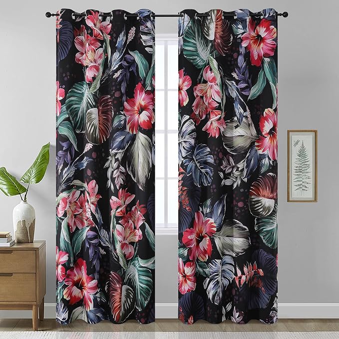 Estelar Textiler Floral Botanical Print Flower Blackout Curtains for Bedroom Watercolor Art Botanical Plant Grommet Curtains,Thermal Insulated Room Darkening Drapes for Living Room(52"x102"),2 Panels