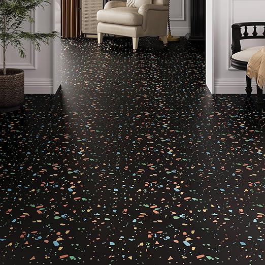 VaryPaper 20 Pack 12"x12" Colorful Black Terrazzo Floor Tiles Peel and Stick Waterproof Self Adhesive Vinyl Tile Flooring Sticky Tiles for Floor Bathroom Removable Temporary Flooring for Renters