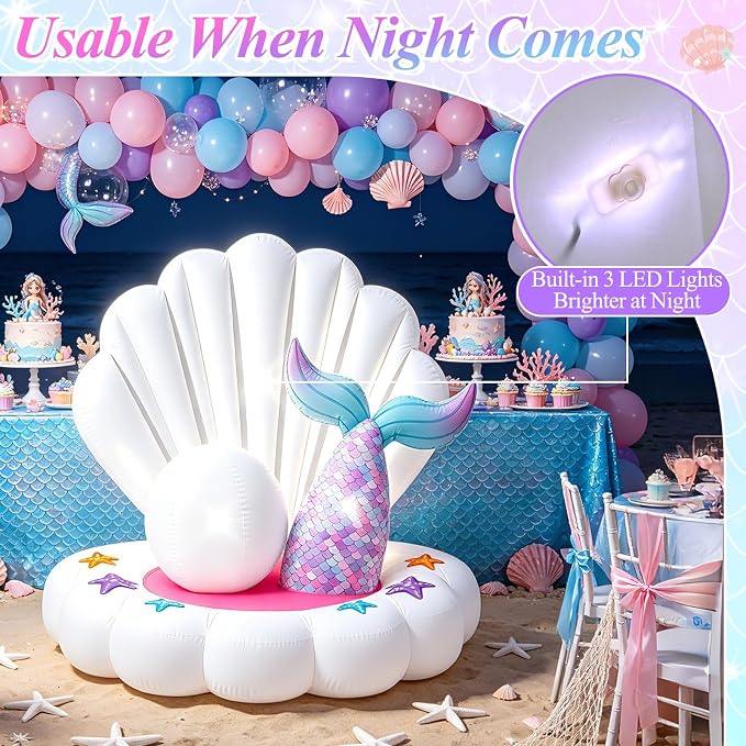 4.6FT Inflatable Seashell with Mermaid Tail for Summer Outdoor Decor, Blow Up Seashell Built-in 3 LED Lights for Mermaid Birthday & Pool Beach Ocean Party Decorations, Yard Garden Indoor Photo Props