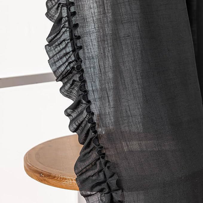 TERLYTEX Black Ruffled Curtains 84 Inches Long 2 Panels, 58 x 84 Inch, Linen Textured Black Ruffle Curtains for Living Room Rod Pocket Privacy Light Filtering Farmhouse Semi Sheer Flowy Window Drapes